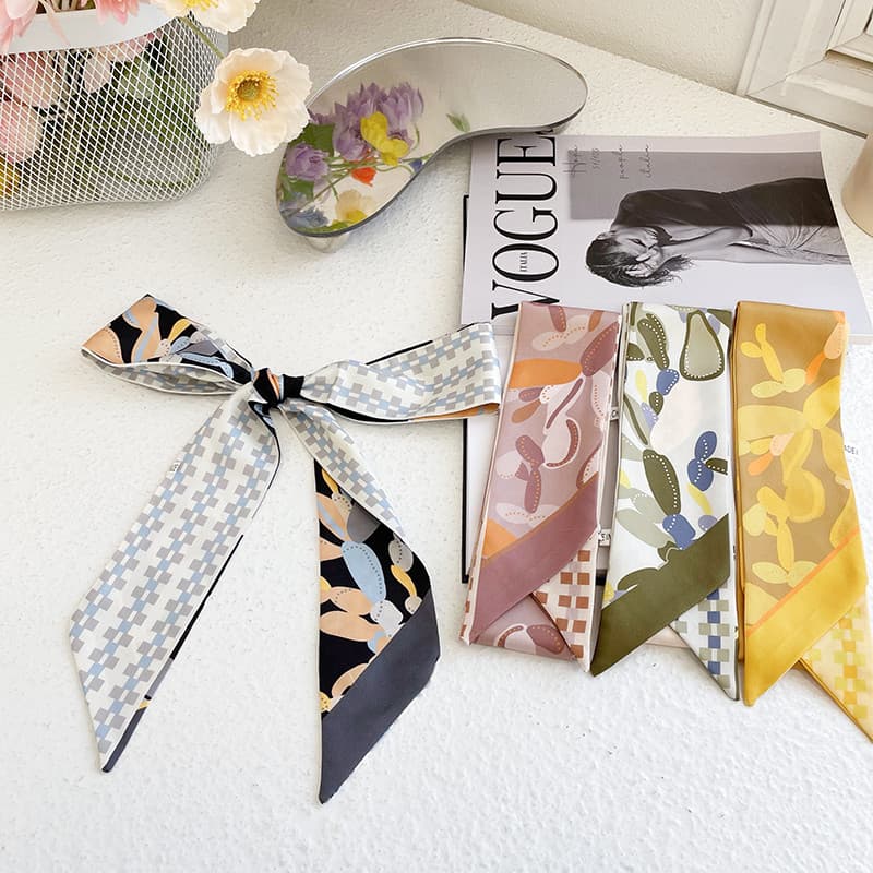 Primavera novo estilo estreito longo cachecol meninas diversão planta impressão pequena Streamer nicho Design elegante l