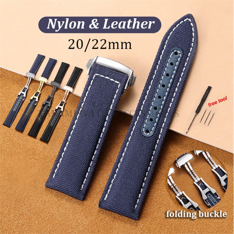 Pulseira de relógio em nylon e couro, 20mm 22mm, fecho dobrável, costurada, em lona, masculina, feminina, tipo universal