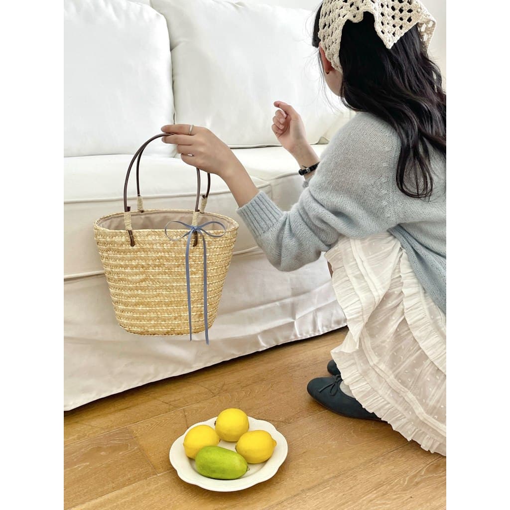 CHAWOOL Bolsa de palha portátil com laço retrô francês, Design de nicho, praia, férias, cesta de vegetais