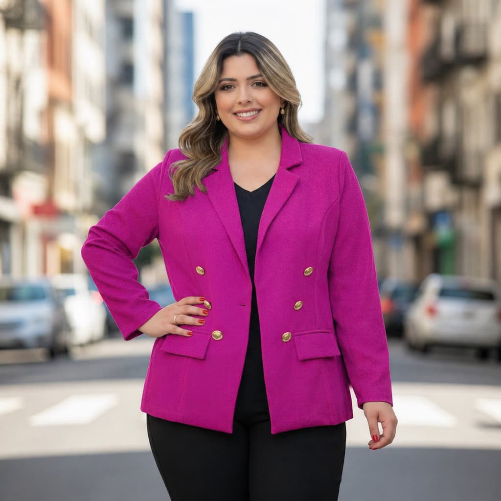 Blazer Alfaiataria Plus Size P -G3 Feminino Casaco Social 6 Botões Bolsos Falsos