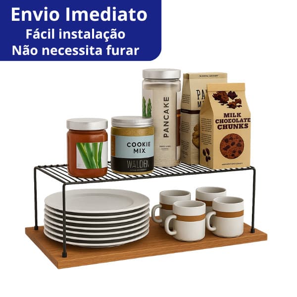 Organizador de Pratos e Xícaras para Armário de Cozinha  Suporte de Aço 2 Andares Prateleira Multiuso (MAFF)