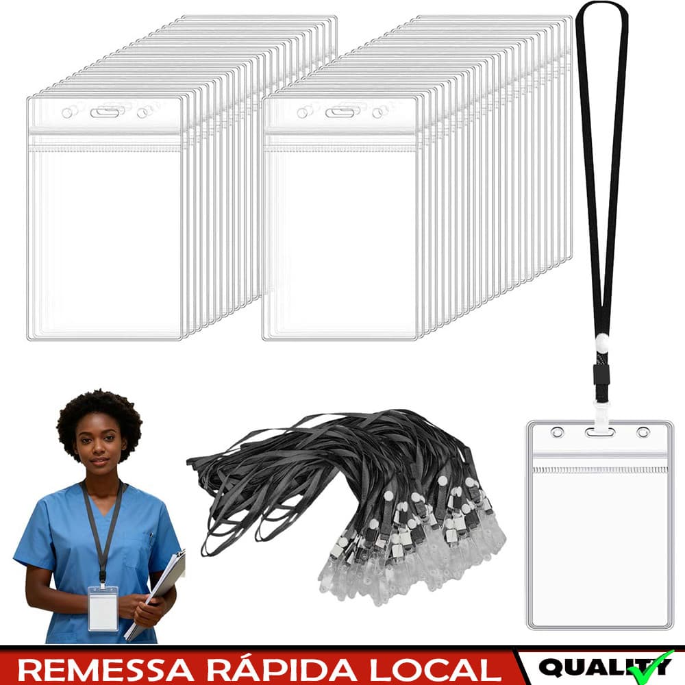 50 pçs porta-crachás de identificação Verticais, porta-crachás de transparente e Cordões Preto, selável à prova d'água