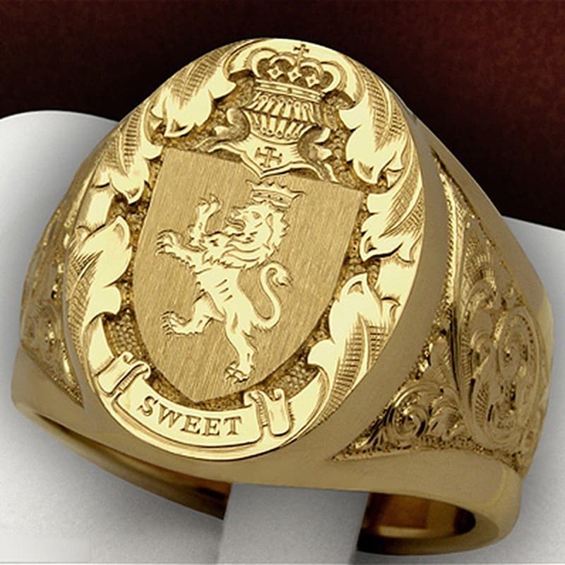 Criativo Personalizado Joia Coroa Lion Shield Emblema Bronze Carved Seal Men's Ring