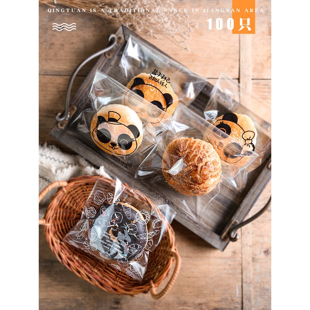 Saco de pão transparente com zíper, 100 peças, café da manhã, pão, pasta de feijão, saco de refeição, abacaxi, macio, eu
