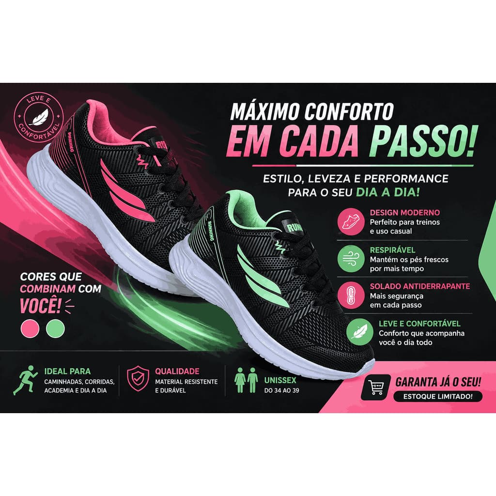 Tênis Feminino Academia Caminhada Leve Flexível Conforto o Dia Todo
