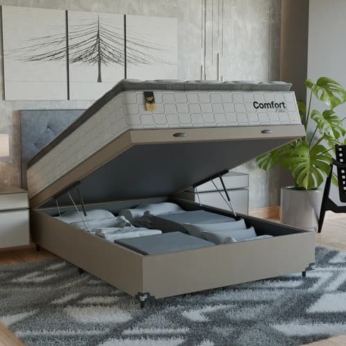 Cama Box Baú Viúva + Colchão Comfort Class Pillow Top  Branco/suede Bege