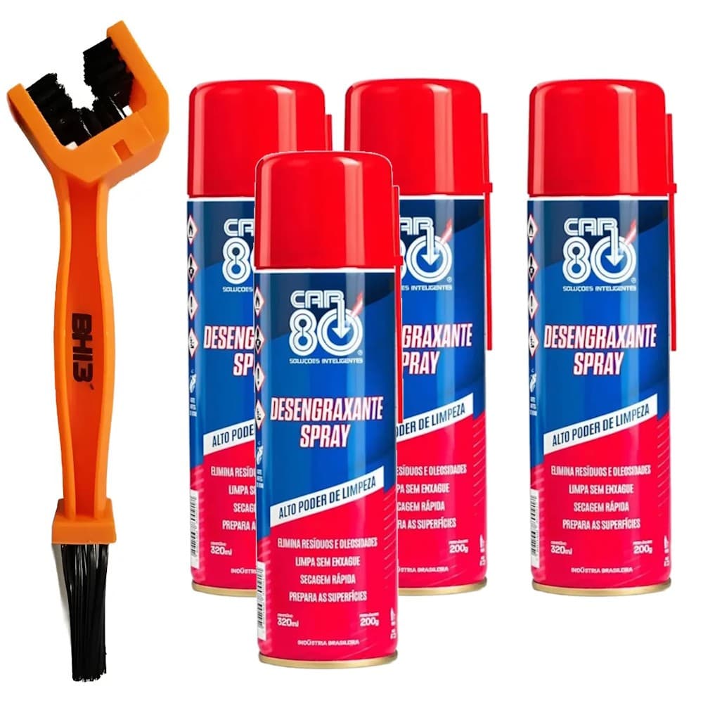 KIT LIMPEZA CORRENTE 4x CAR80 DESENGRAXANTE SPRAY + ESCOVA