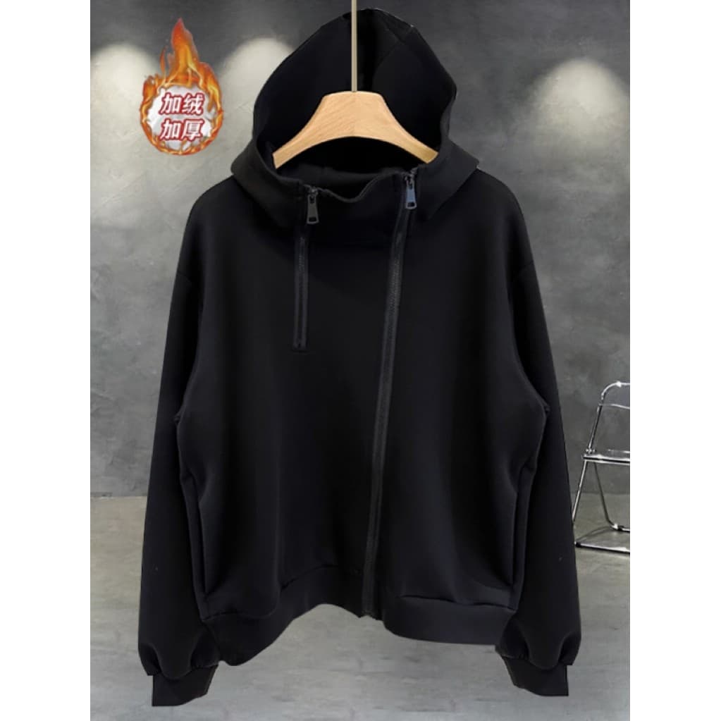 Moletom com forro de lã com Design de zíper duplo masculino outono inverno versão coreana na moda All-Match cor sólida s