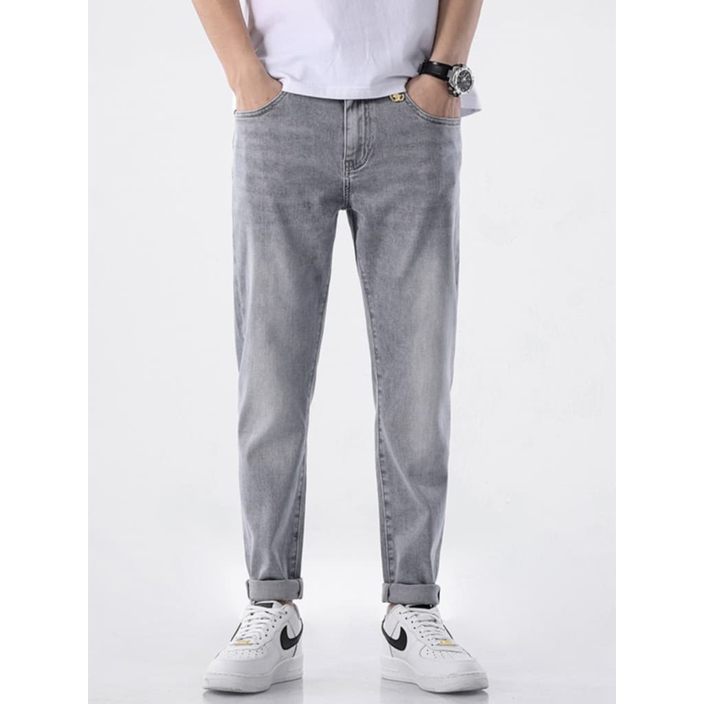 High-End fumaça cinza cor clara estiramento Jeans masculino Street Wear 2026 verão fino ajuste pequeno em linha reta Cas