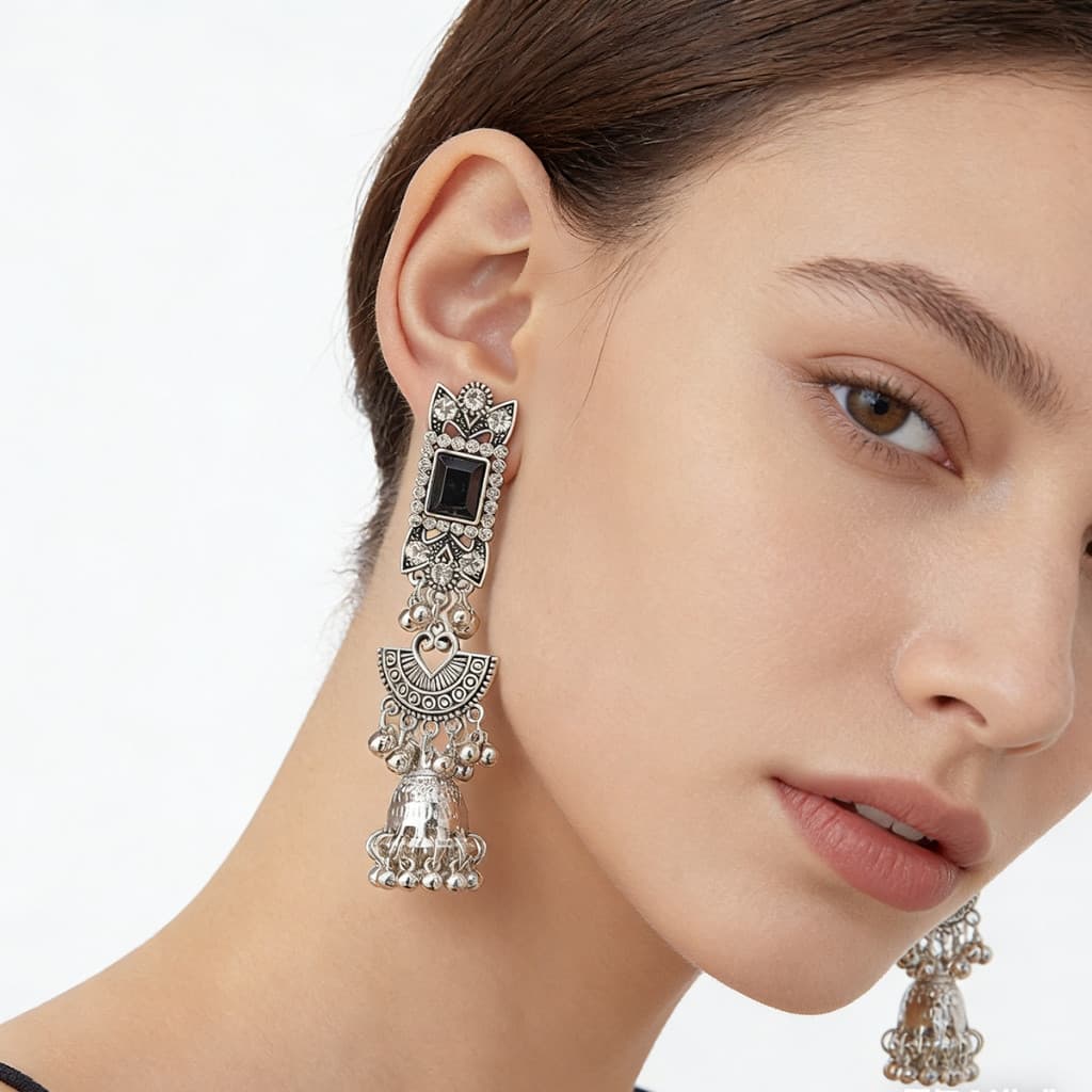 Vintage Étnico Geométrico Prata Cor Indiano Brinco Feminino Jhumka Moda Zircão Cigano Longo Borla Brincos Meninas Festa
