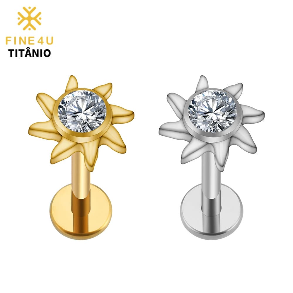 FINE4U Piercing Titânio Sol Com Zircônia Para Tragus Helix Conch Cartilagem Hipoalergênica