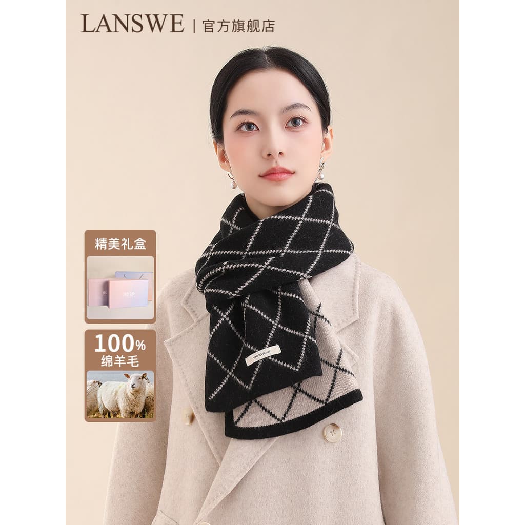 Langsha Premium malha 100% lã cachecol feminino inverno britânico xadrez preto quente cachecol presente da menina invern