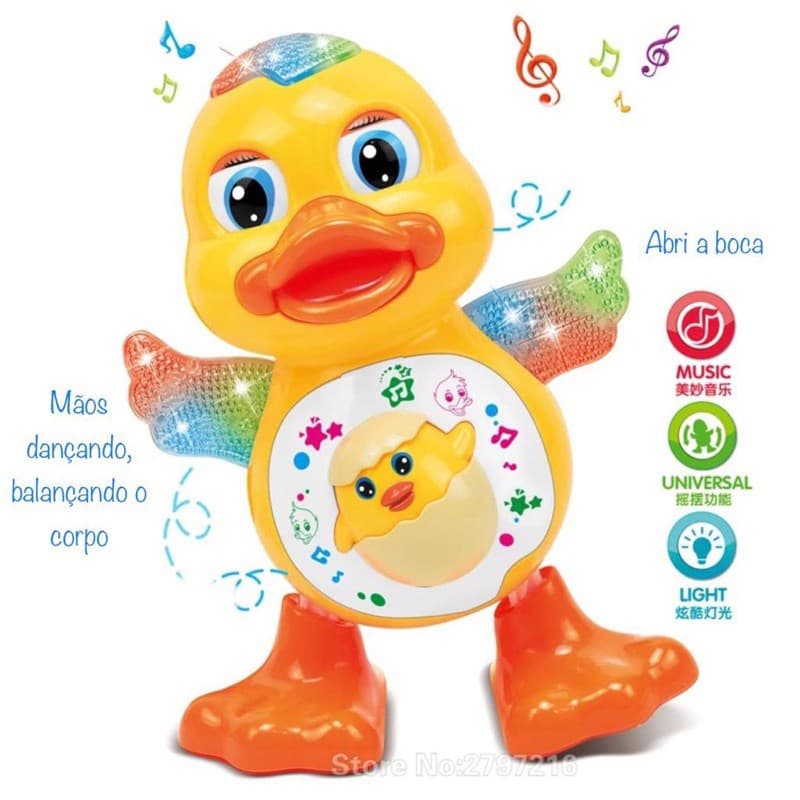 Brinquedo Pato Dançante Musical Anda Dança Mexe Olhos Bico Com Luz e Som Divertido Bebês Eletrônico