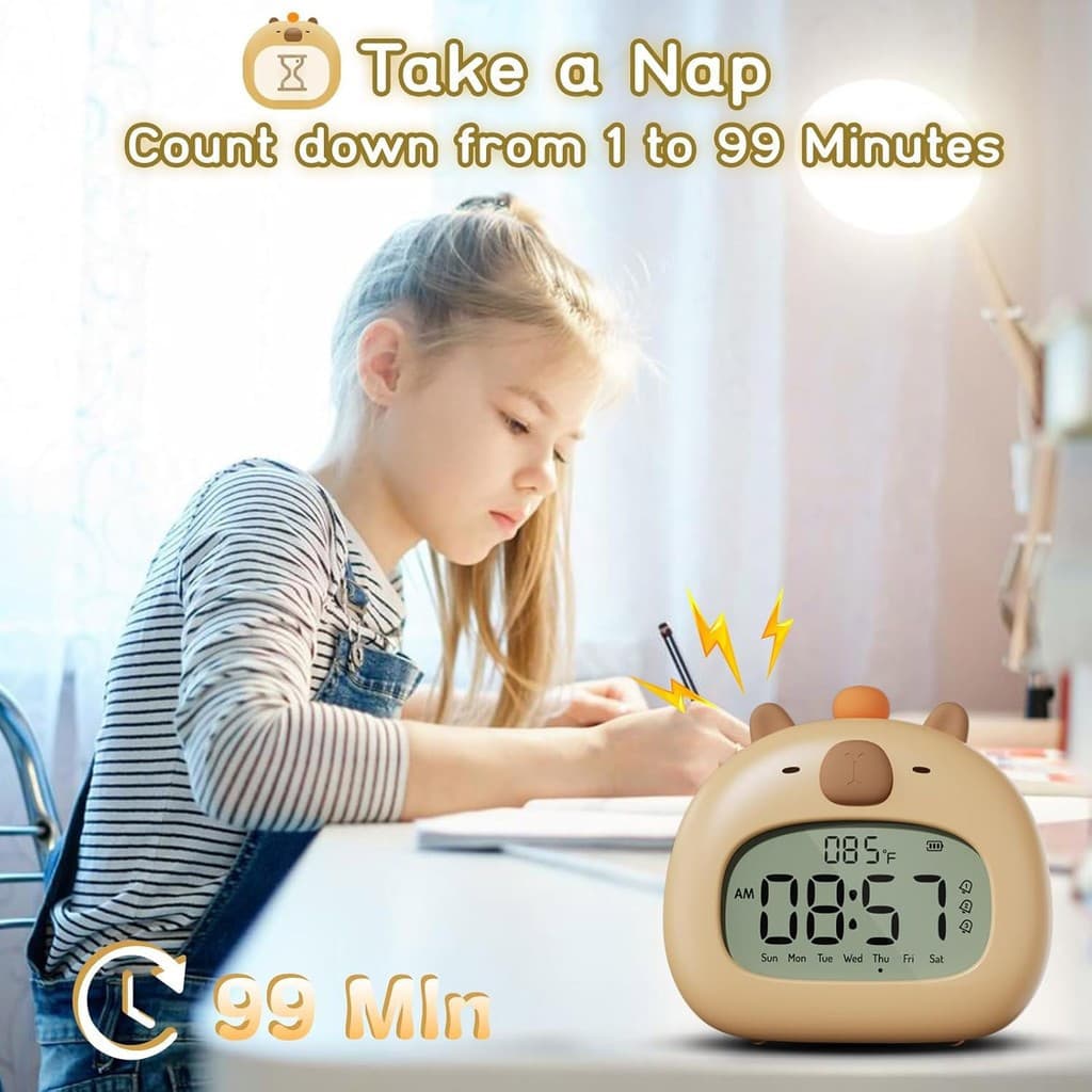 CAPYBARA Relógio Despertador Sem Fio para Crianças, Relógio Digital Minimalista com Bipe Alto e Luz Noturna Ajustável 38