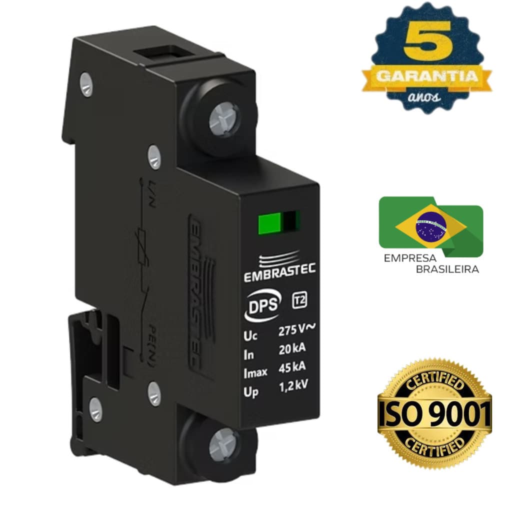 Dps 20ka 275v Monopolar Dispositivo de Proteção Surtos Elétricos Embrastec Preto