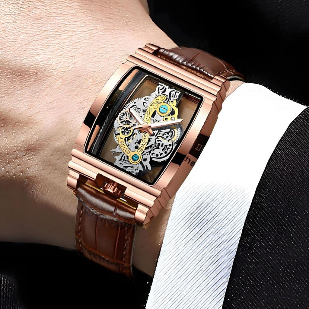 Relógio de esqueleto retangular dupla face estilo britânico, estilo mecânico totalmente automático, perspectiva Casual,