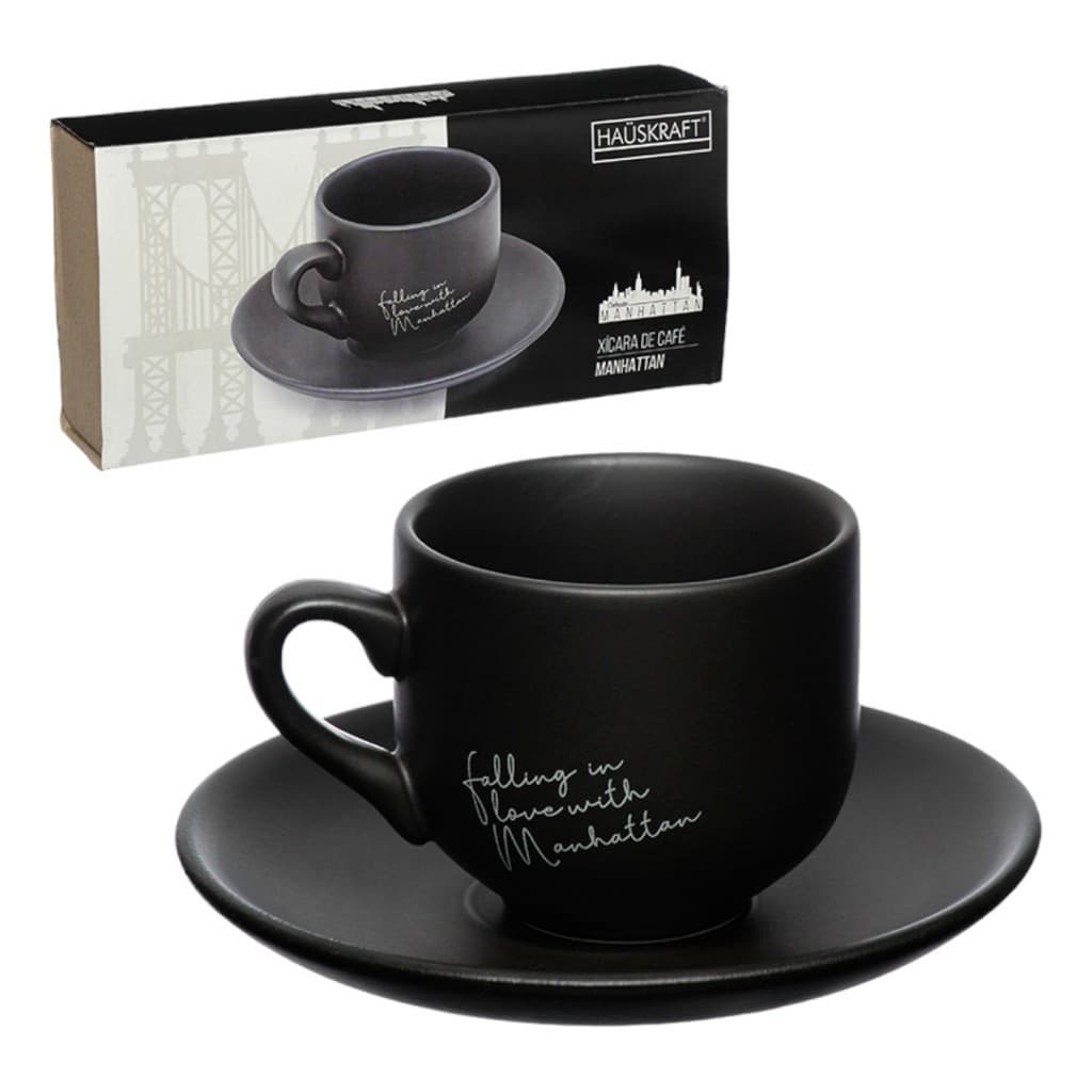 Jogo 6 Xícaras Porcelana Café Com Pires 90ml Manhattan Preta Hauskraft