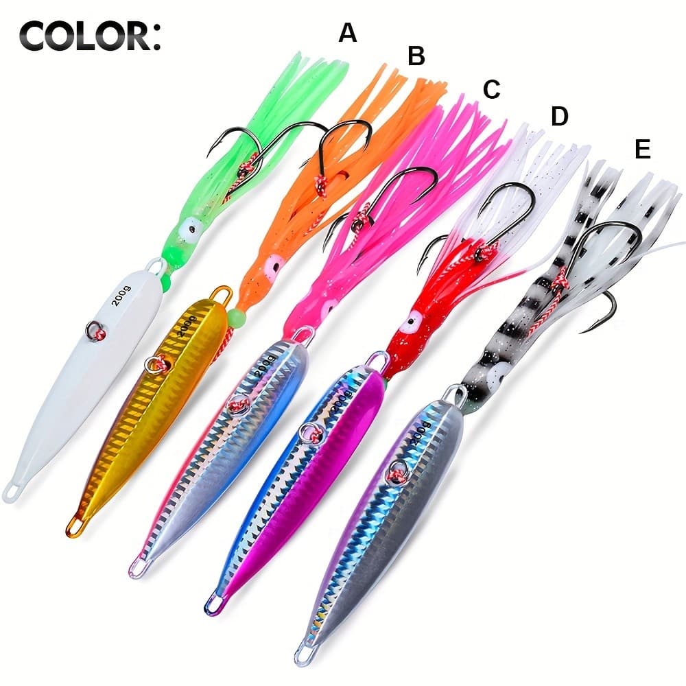 1 unidade de isca PROBEROS Glow-in-the-Dark Slow Pitch Jig com saia de silicone e gancho duplo - Isca de pesca Slow Jig