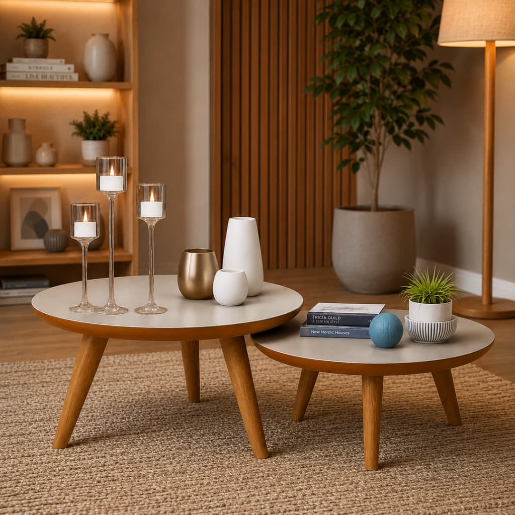 Conjunto 2 Mesas De Centro Redonda Para Sala De Estar Casa Decorativa Com Pés Palito Madeira