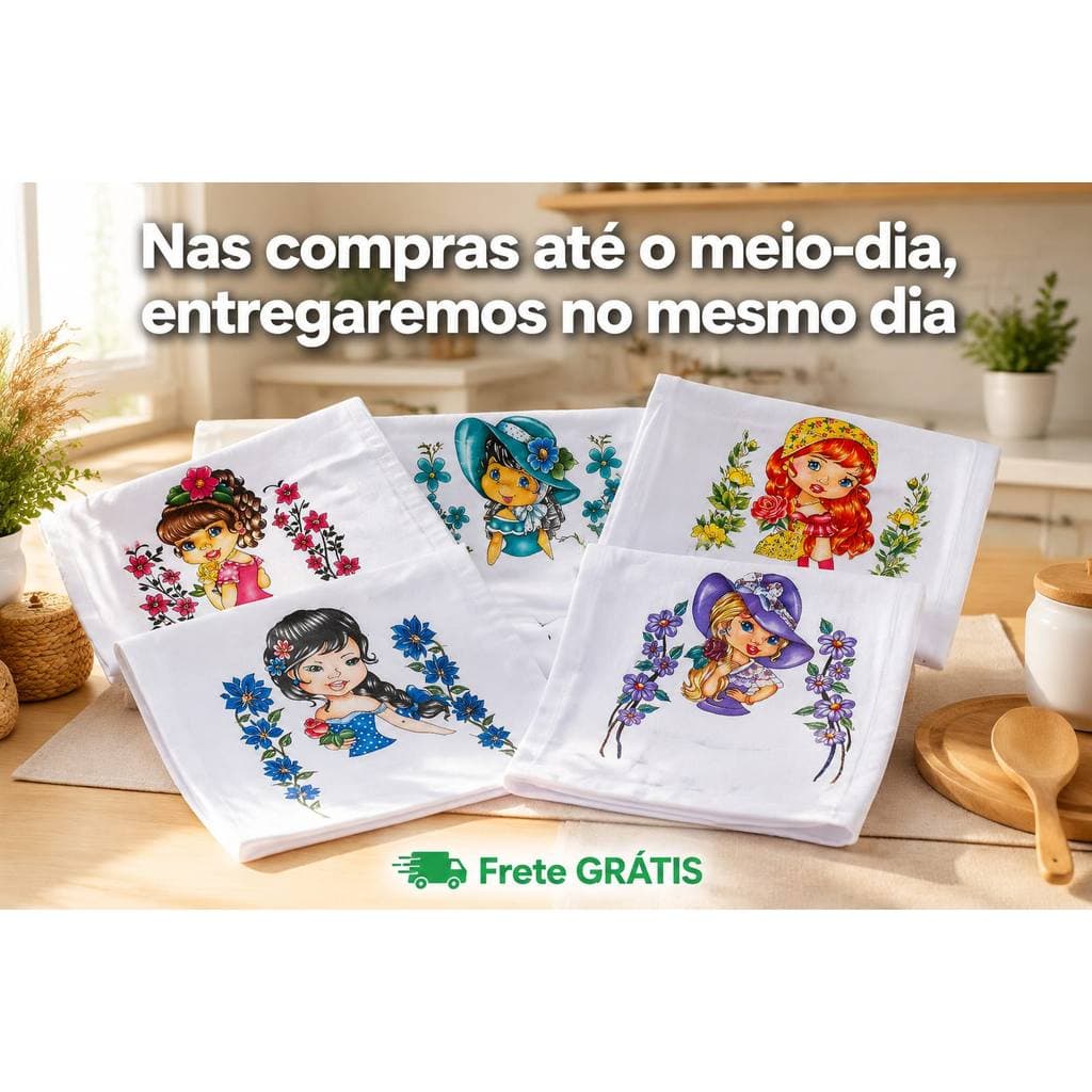 Kit 10 Panos de Prato BONEQUINHAS Misto 70x50cm 100% Algodão Decoraçao Artesanato