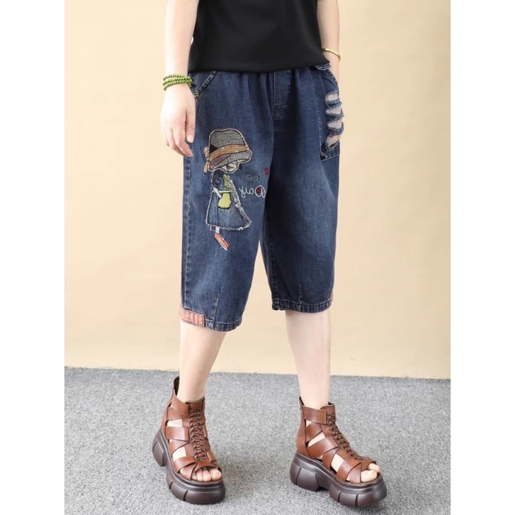 Verão fino bordado Jeans de cinco pontos feminino pequeno tamanho grande solto mais magro olhar calças de cinco pontos H