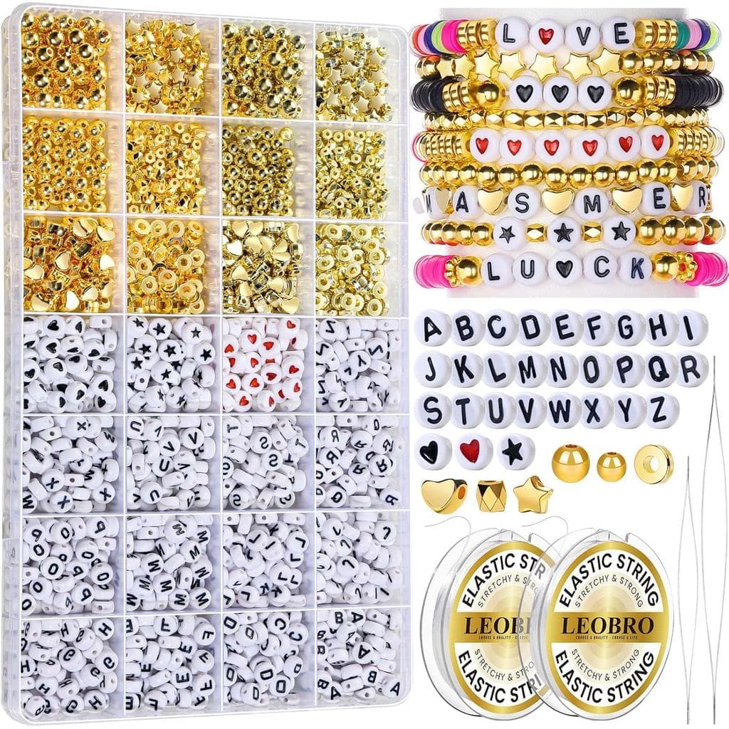 Kit de Fabricação de Pulseiras com Contas de Letras LEOBRO, Contas de Alfabeto para Pulseiras, com Contas Douradas e Fio