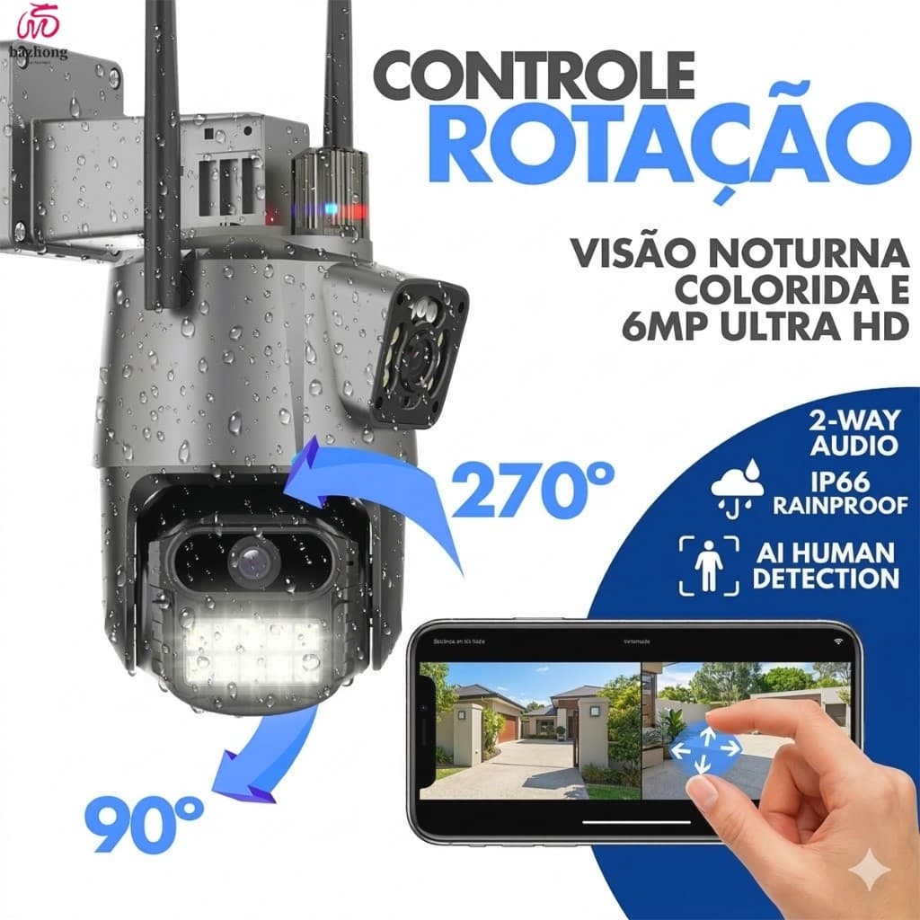 Lente Wifi Dupla De Resolução De Câmera De Segurança Externa 6MP-Visão Noturna Colorida E Rotação De 360o