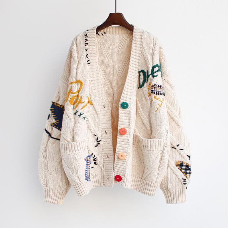Moda estilo preguiçoso bordado camisola feminina outono inverno 2026 novo estilo carta Design solto malhas jaqueta na mo