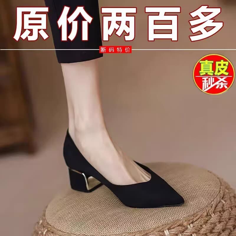 Marca sapatos de salto grosso feminino 2025 novo estilo primavera outono apontou Toe salto alto elegante meados de salto