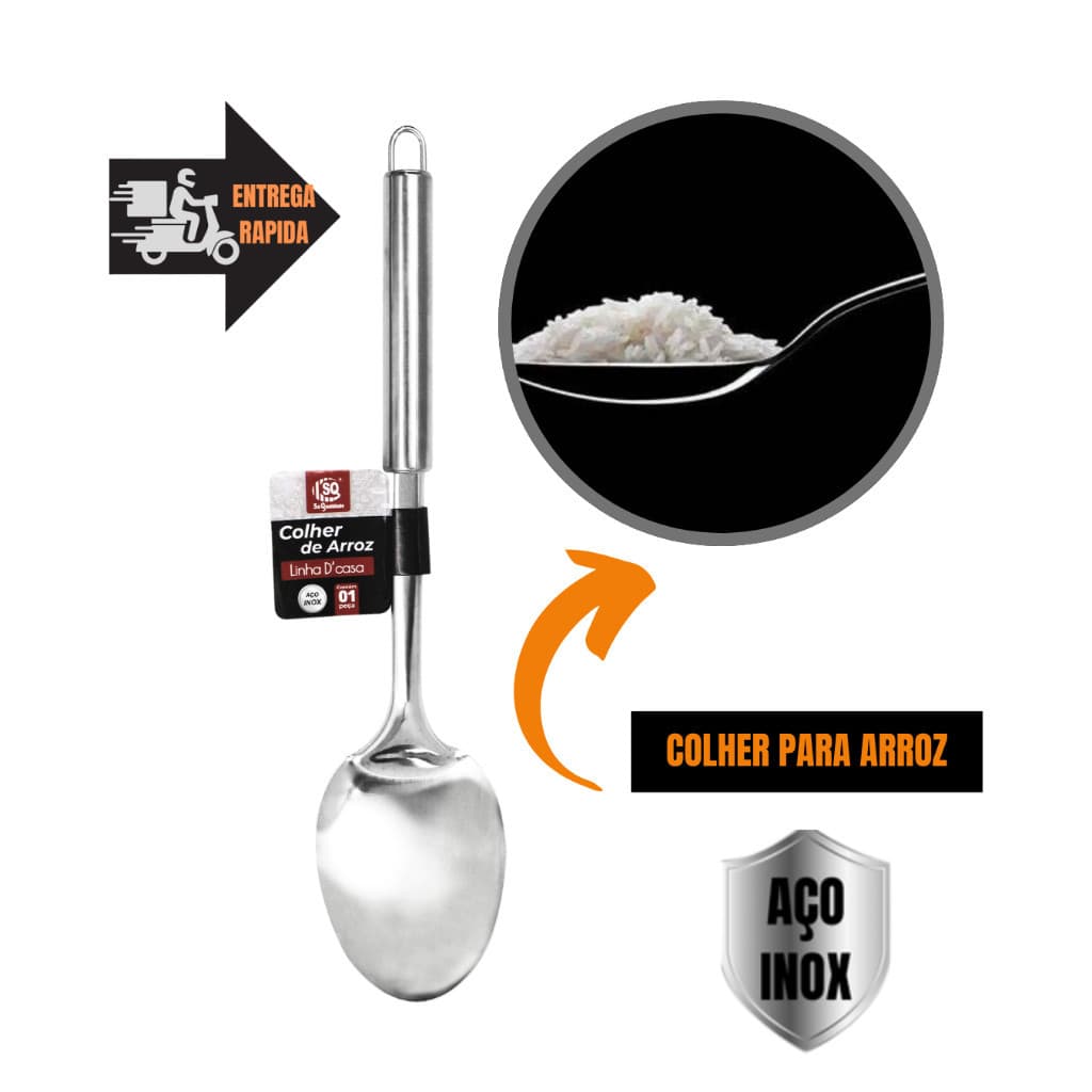 kit Jogo Utensílios Cozinha 3 Peças Colher Arroz Concha Feijão Pegador Massa Garfo 100% Inox PREMIUM