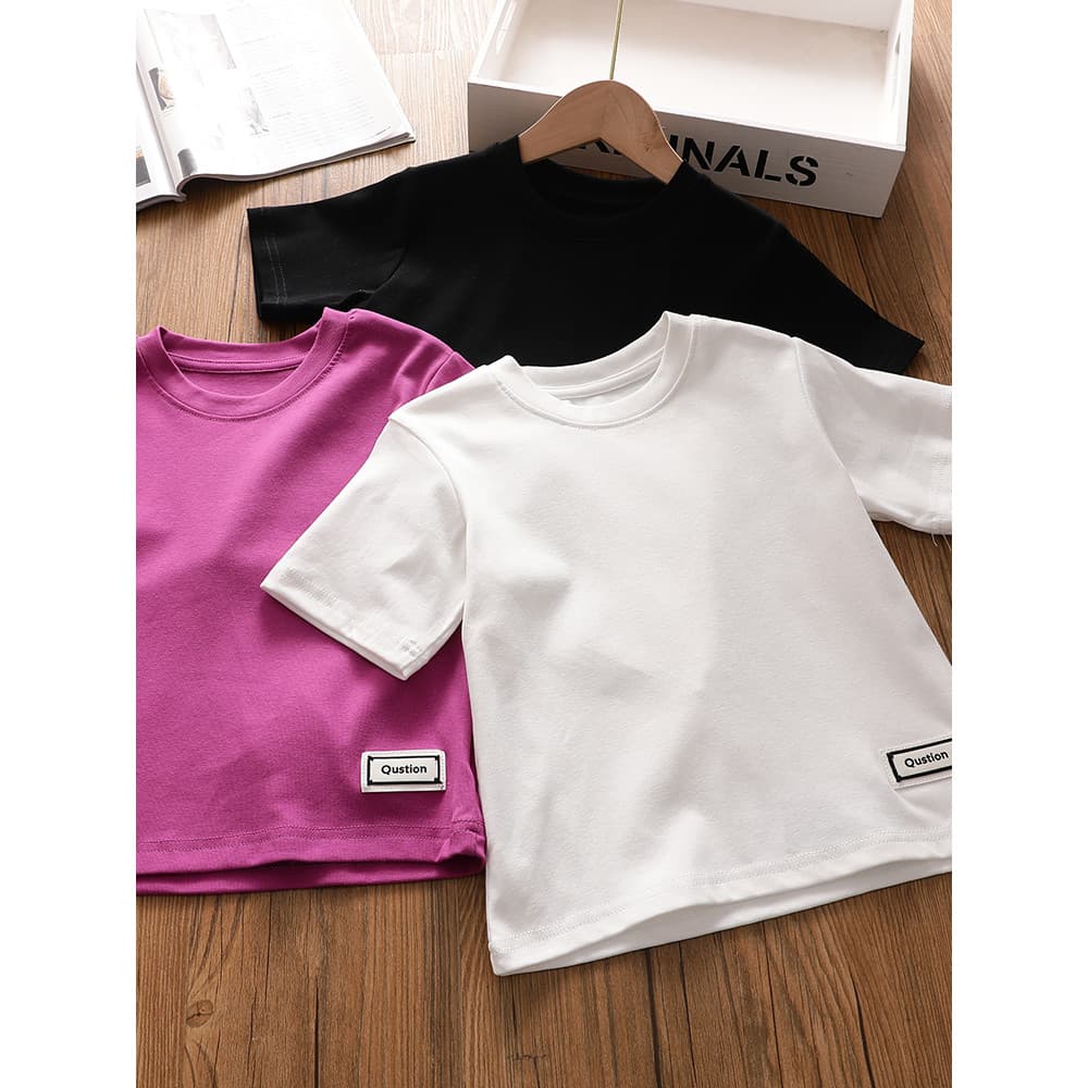Algodão de fio duplo ~ meninas estilo ocidental rotulagem simples camiseta de manga curta verão novo estilo médio grande