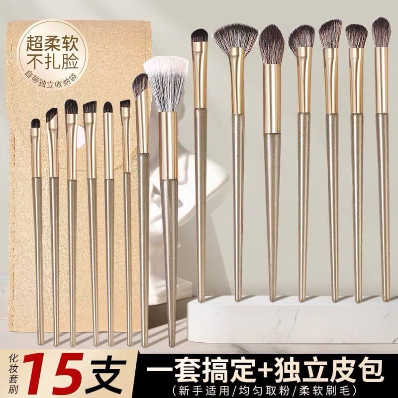 Conjunto completo de 15 pincéis de maquiagem para iniciantes, contorno dos olhos, cabelos macios, pincéis portáteis para