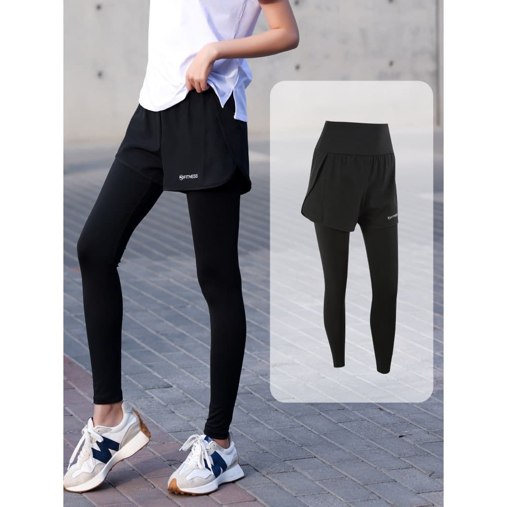 F Calças de Fitness falsas de duas peças femininas cintura alta levantamento de quadril abdômen treinamento estreito cor