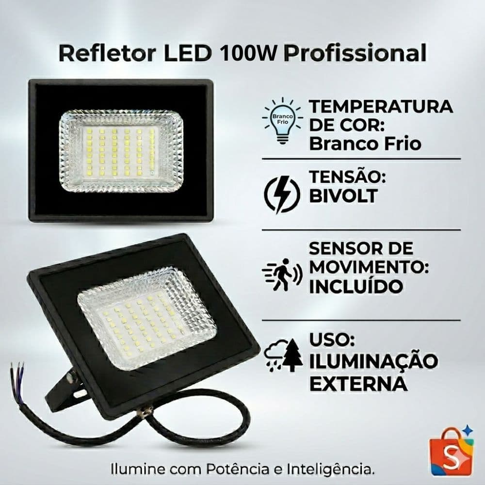 Refletor LED 100W com Sensor Movimento Bivolt IP66 Branco Frio Segurança Garagem Jardim Fachada