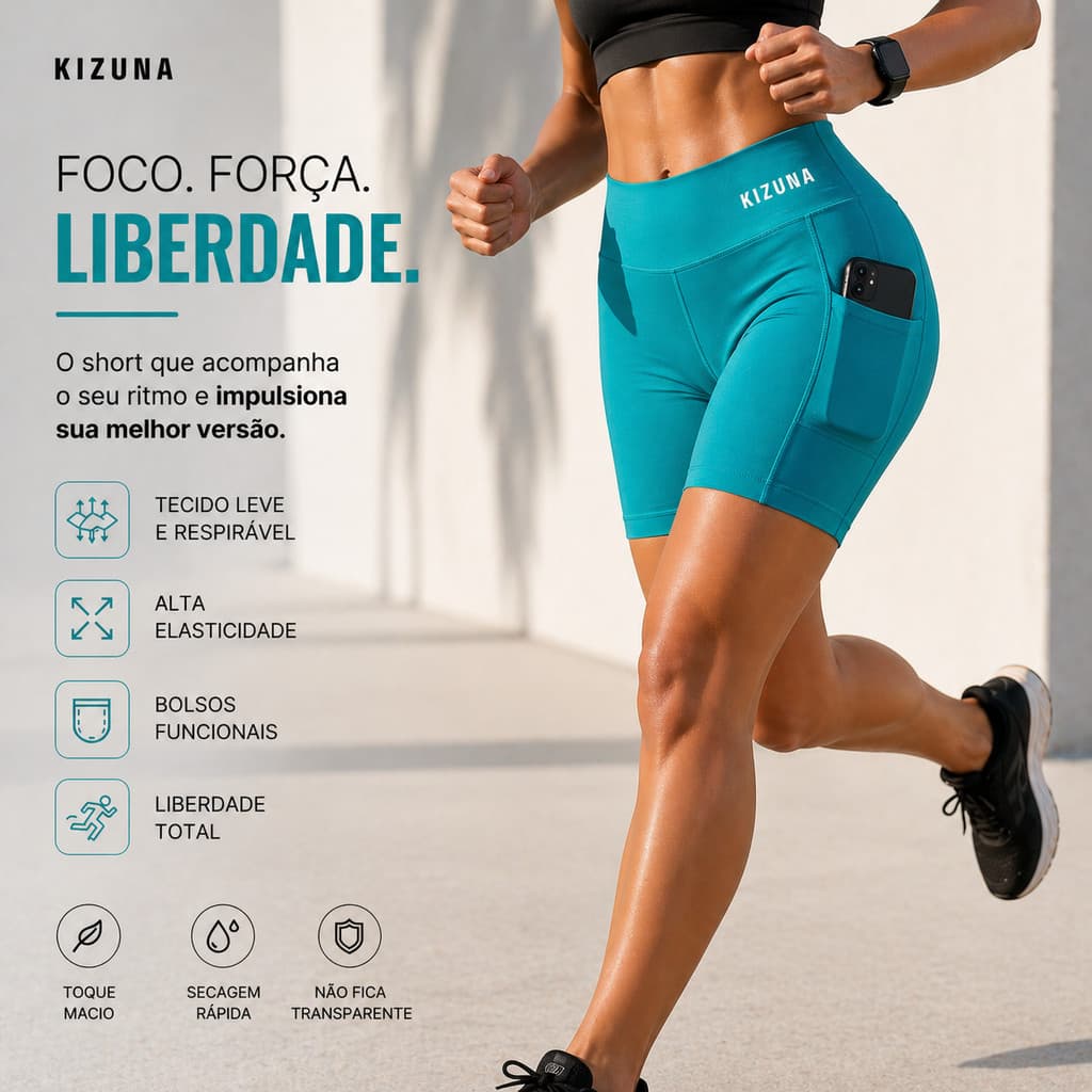 Short Feminino Kizuna Premium Suplex com Bolso Porta Celular Zero Transparencia Cintura Alta Compressão Confortável