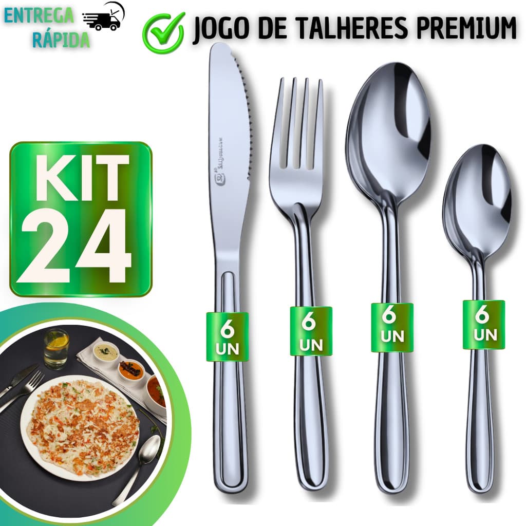 Jogo de Talheres Faqueiro C/ 24 Peças Inox Conjunto De Cozinha Churrasco Buffet Casa Presente Promoção