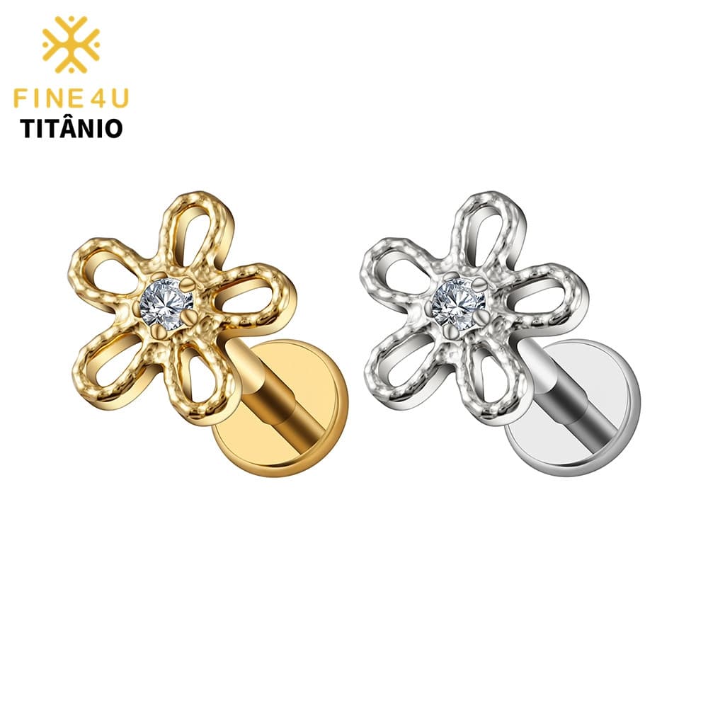 FINE4U Piercing Orelha Titânio Com Flor para Helix Tragus Conch Flat Hipoalergênica Brinco