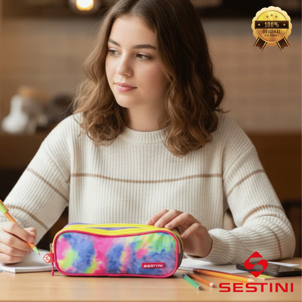 Estojo Dois Compartimentos Colorido Tie Dye Espaçoso Fechamento Zíper Feminino Sestini Original