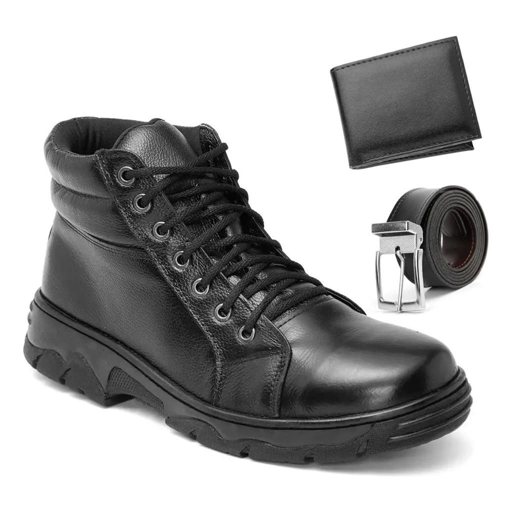 Bota Coturno Casual Adventure Motociclista Couro Legitimo Bota Para Segurança Vigilante PM + Carteira E Cinto