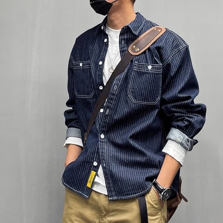Americano Retro Casual solto listrado Denim camisa de manga comprida masculina primavera outono Street Wear camisa mascu