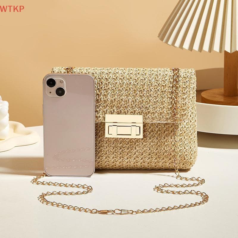 Moda Quente Palha Feminina Corrente Bolsa De Ombro Tecido Alta Capacidade Fivela Fechamento Embreagem Artesanal Crossbod