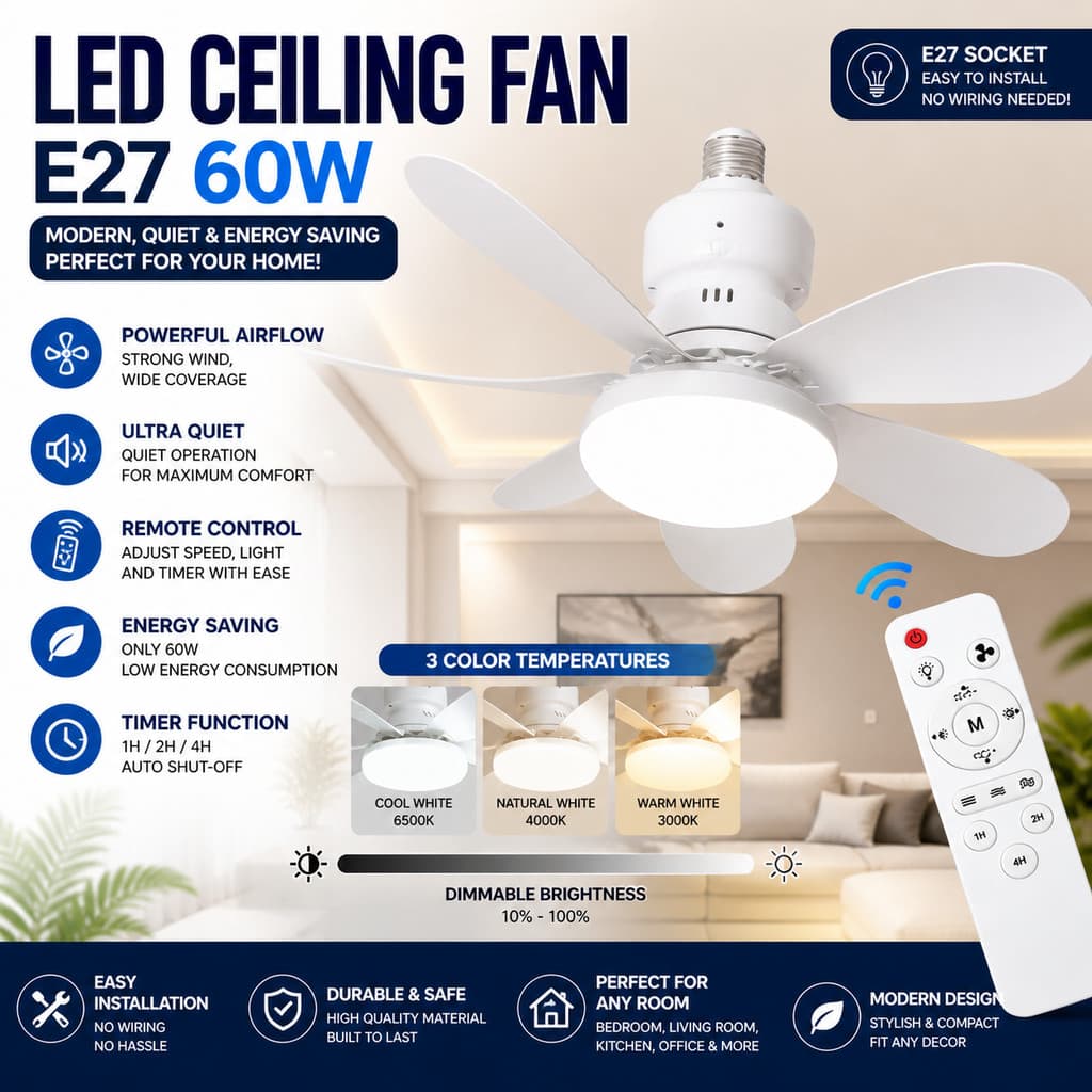 Ventilador De Teto LED E27 60W Com Controle Remoto Silencioso Econômico E Moderno Para Casa