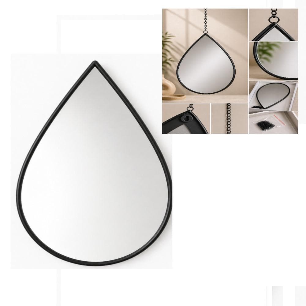 ESPELHO DE PAREDE DECORATIVO GOTA PRETO 29X19CM PENDENTE MODERNO COM CORRENTE SALA BANHEIRO