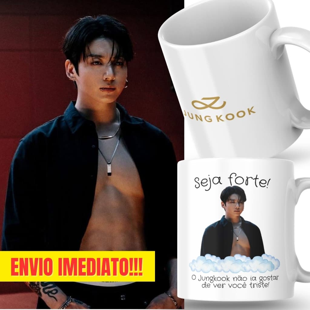 Caneca Xicara Porcelana 325ml Seja Forte Jungkook BTS K-Pop Personalizada Presente Decoração Casa