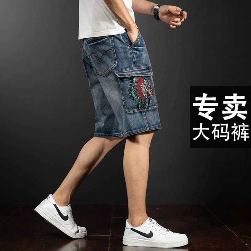 Multi-bolso geral Denim Shorts masculino cinco pontos Street Wear solto tamanho grande europeu americano bordado 2026 ve