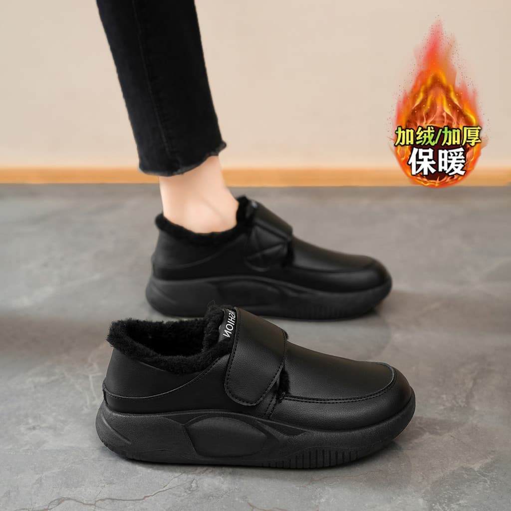 Preto couro genuíno sapatos de algodão feminino 2026 novo estilo inverno cozinha sapatos de trabalho tamanho grande 41-4