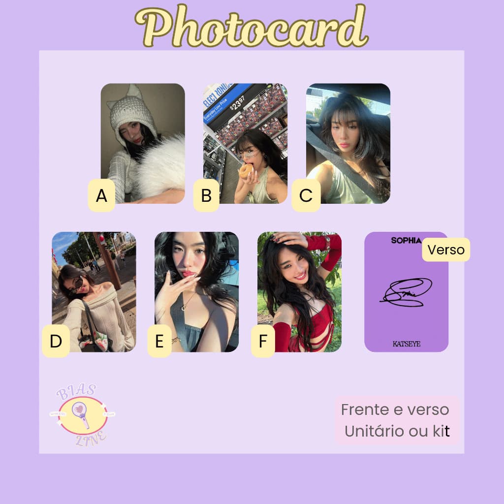 Photocard Fanmade Sophia Katseye Selcas (modelo 2) | K-pop | Papel Fotográfico Laminado | Unidade ou Set