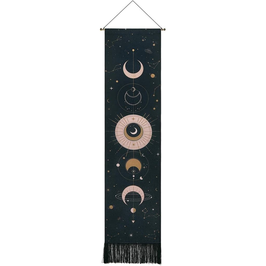Arte de Parede com Fases da Lua - Tapeçaria Boêmia para Quarto (Preto, 12,8 x 51,2 polegadas)