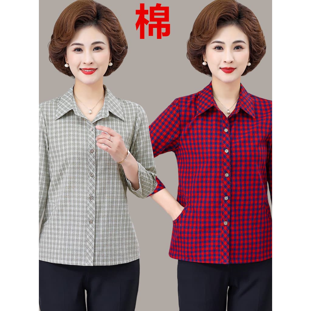 Camisa xadrez de manga três quartos para idosos de meia-idade feminina verão novo estilo All-Match camisa solta Casual m