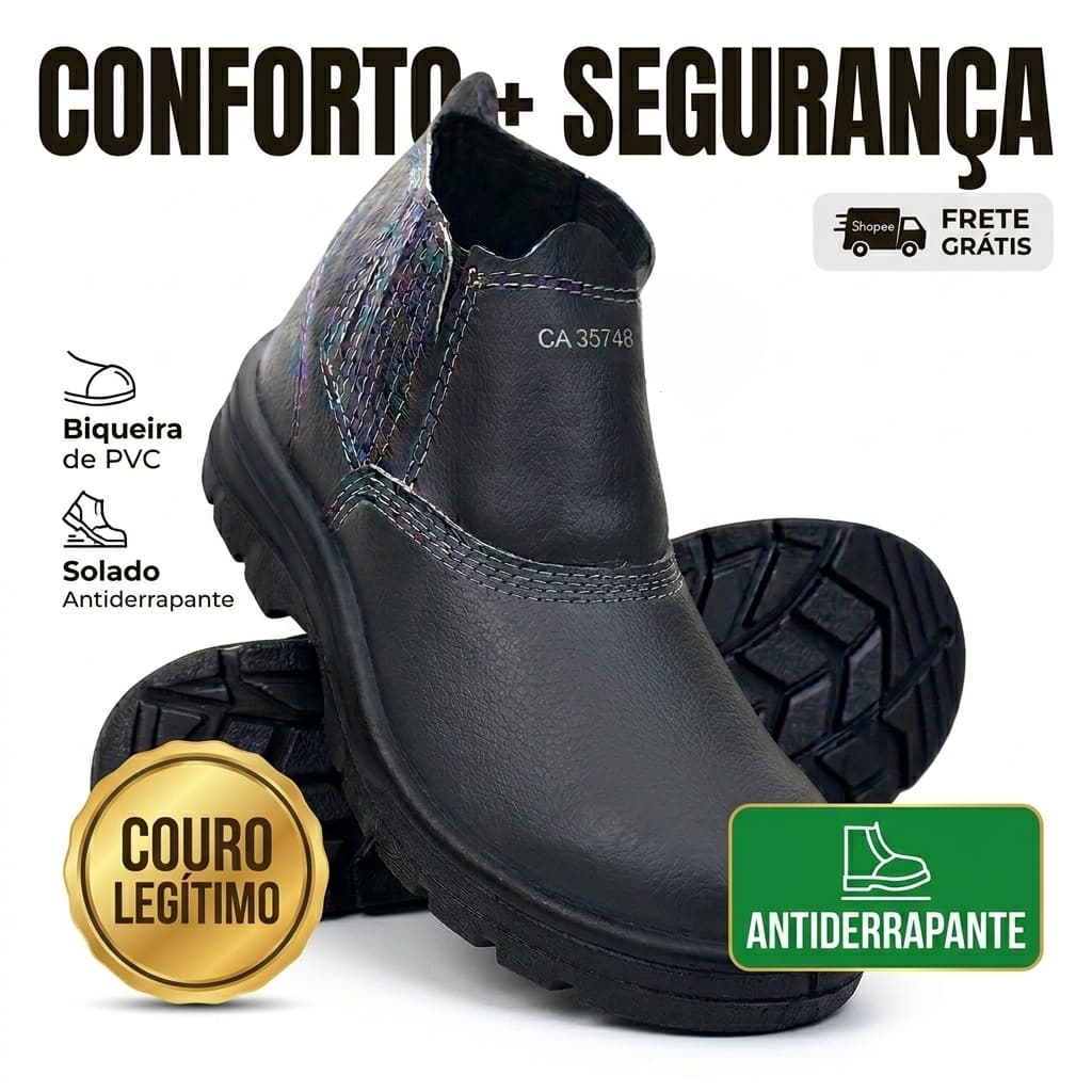 Botina EPI Couro Legítimo CA Biqueira PVC Solado Antiderrapante Trabalho Profissional Obra Leve Confortável